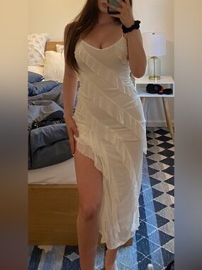 White Fox Boutique White Ruffle Asymmetric Maxi Dress